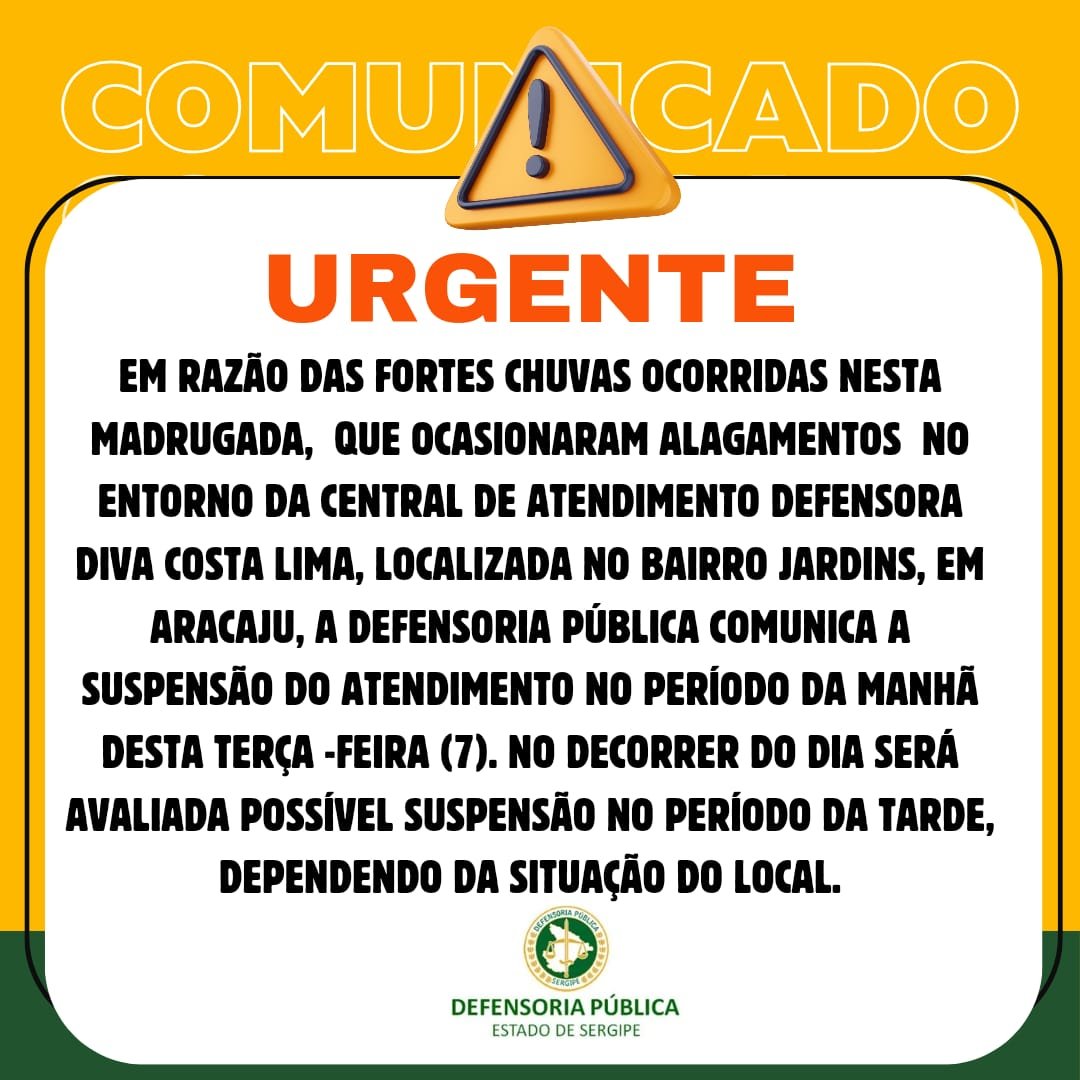 Leia mais sobre o artigo Defensoria publica suspende atendimento por conta das chuvas em Aracaju